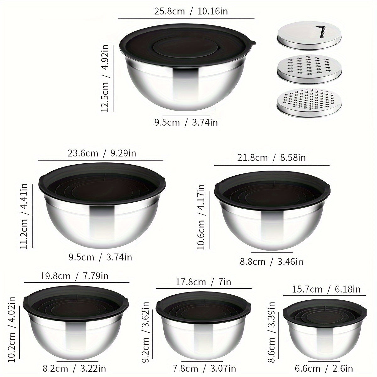 15-Piece Stainless Steel Mixing Bowls Set with Black Seal Covers and Grater Accessories