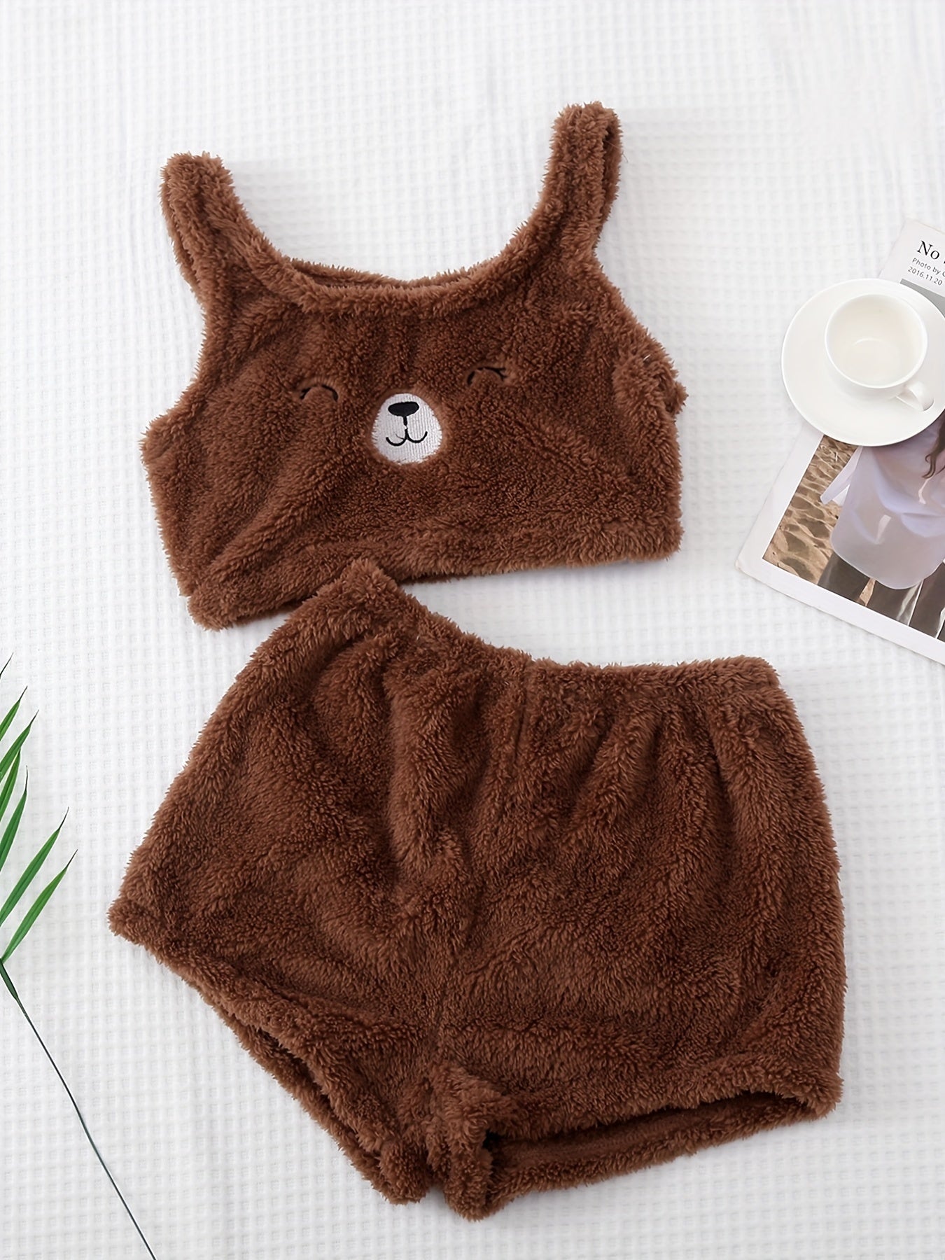 Women's Fuzzy Bear Vest Pajama Set Winter Micro Elastic Polyester Knit