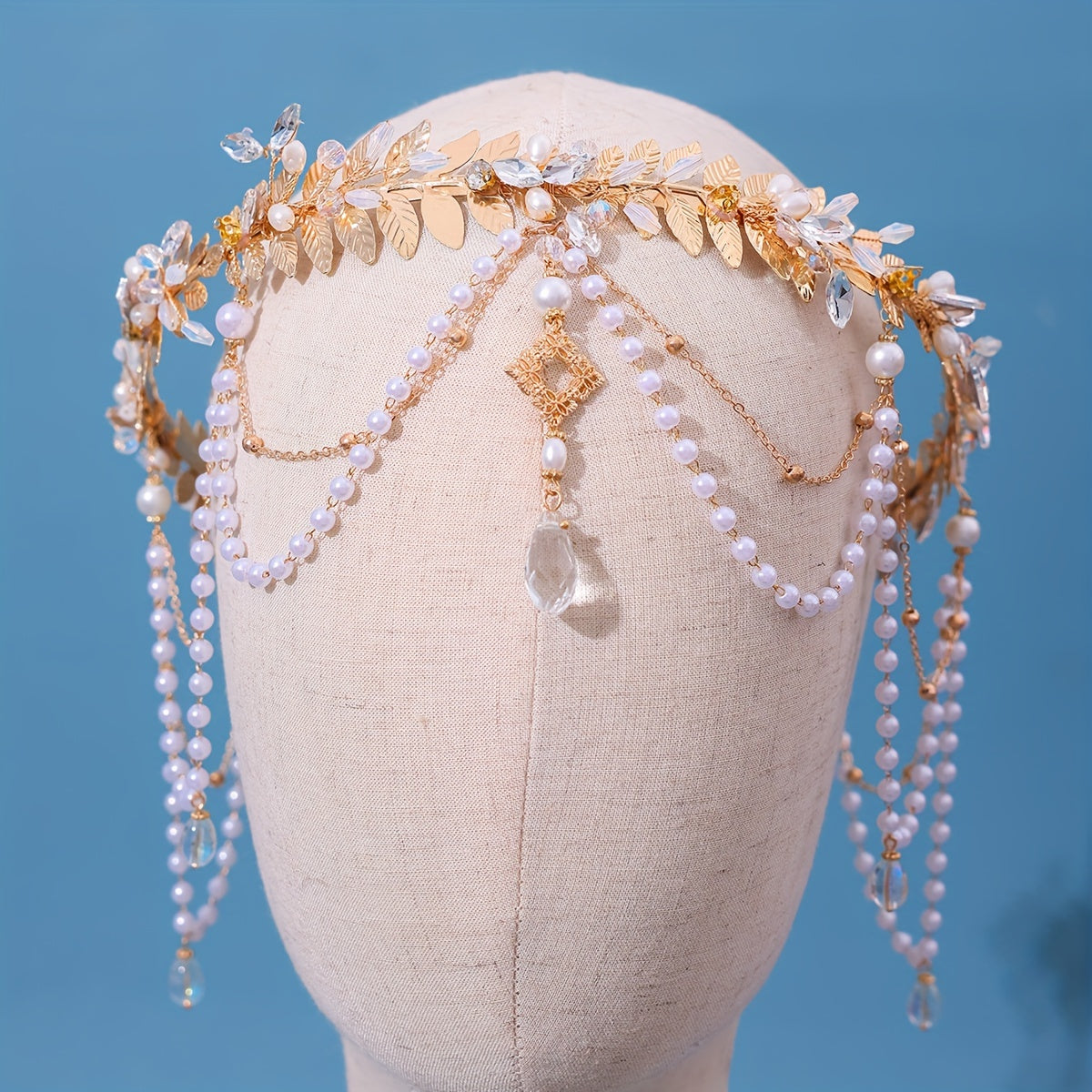 Handmade Rhinestone Crown with Beads and Faux Pearl Pendant for Wedding Hair Accessories