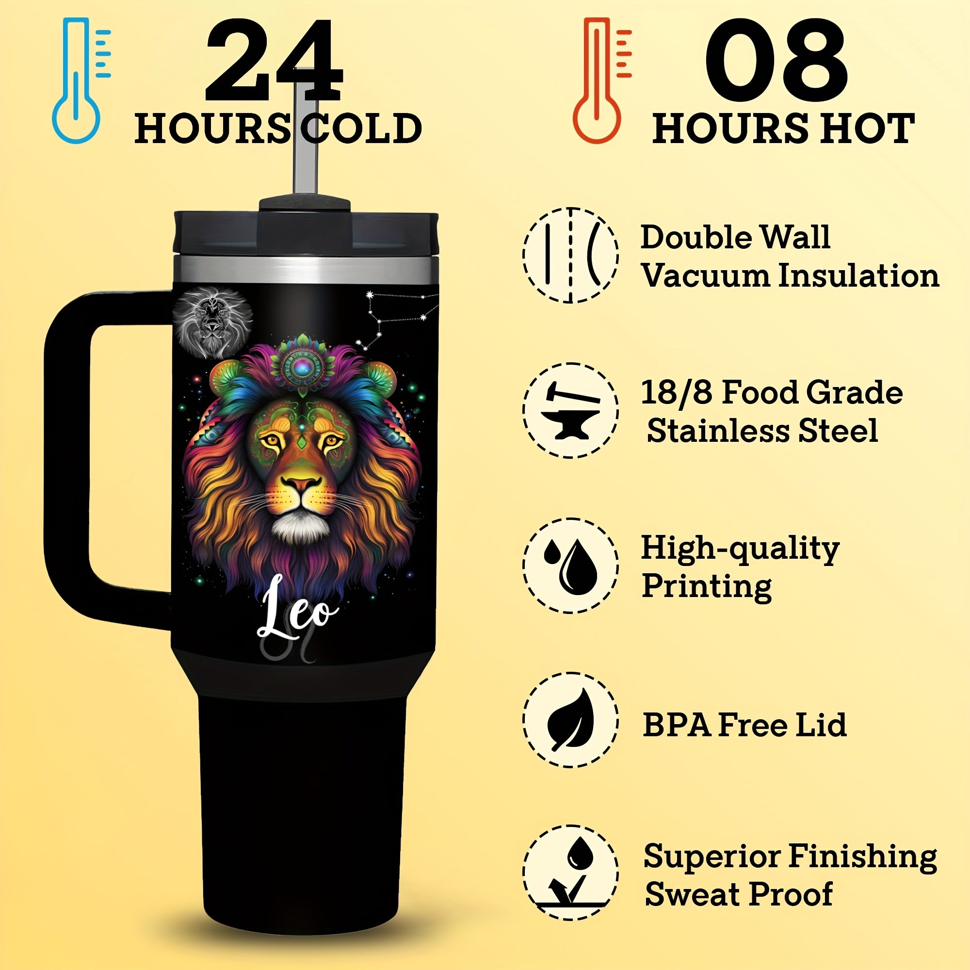 Vaso de acero inoxidable Zodiac de 40oz con asa y pajilla, a prueba de fugas, libre de BPA, taza de café de astrología para hombres y mujeres
