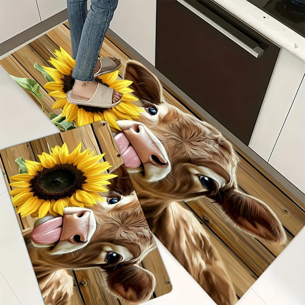 Alfombra de cocina con vaca y girasol de diseño caprichoso, 1 pieza, poliéster, fácil de limpiar, decoración interior y exterior