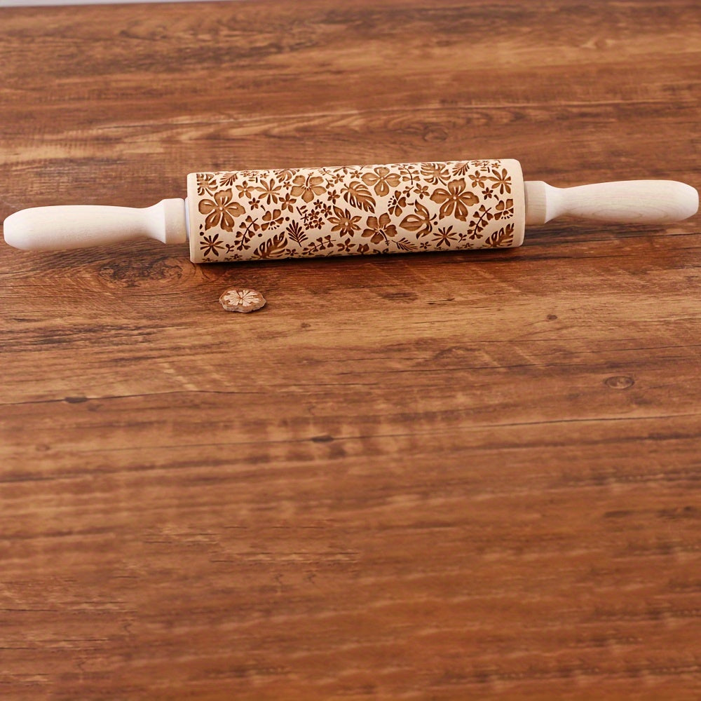 Wooden Embossing Dough Roller with Flower and Leaf Design 34.8cm Kitchen Utensil