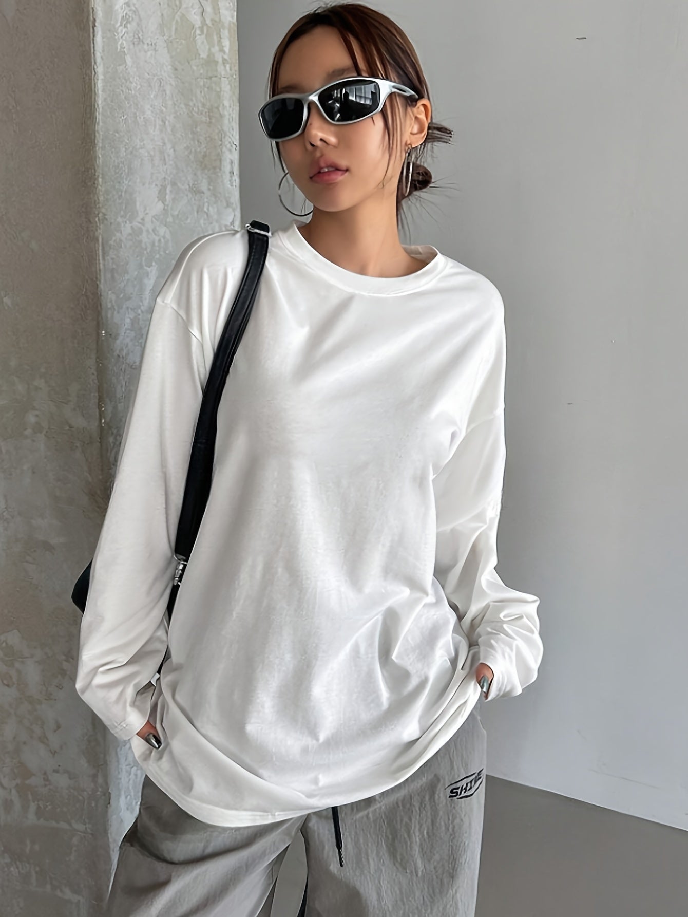 Women's White Crew Neck Long Sleeve T-Shirt Polyester Viscose Elastane Casual Fall Winter