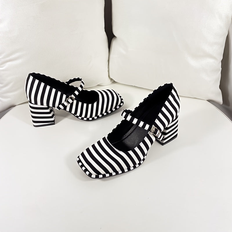 Women’s Striped Pattern Mary Jane Pumps Square Toe Block Heel