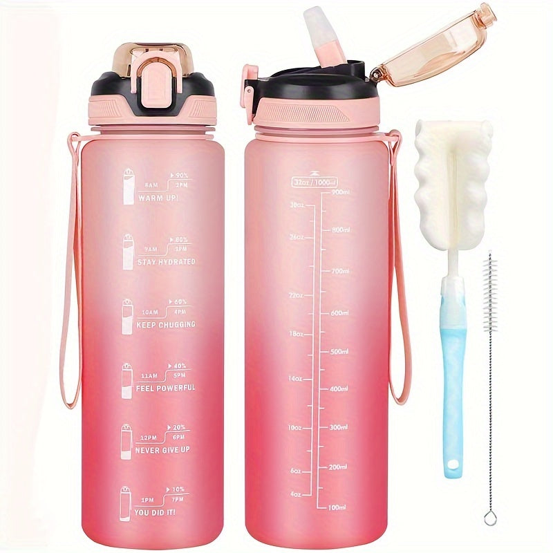 1L BPA-Free Sports Water Bottle with Straw and Time Marker