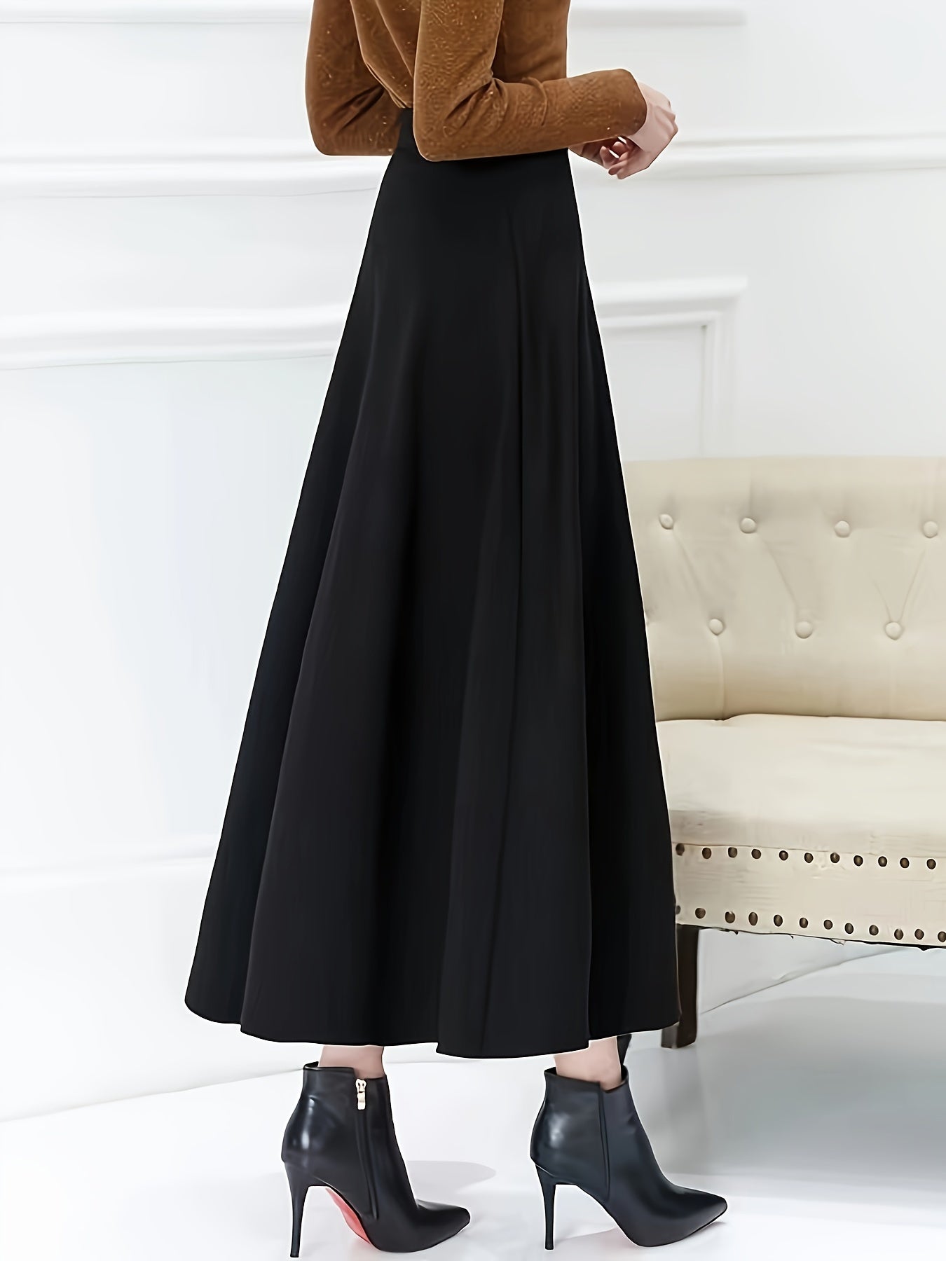 Women's High Waist A-Line Skirt with Slant Pockets Solid Color for Spring and Summer