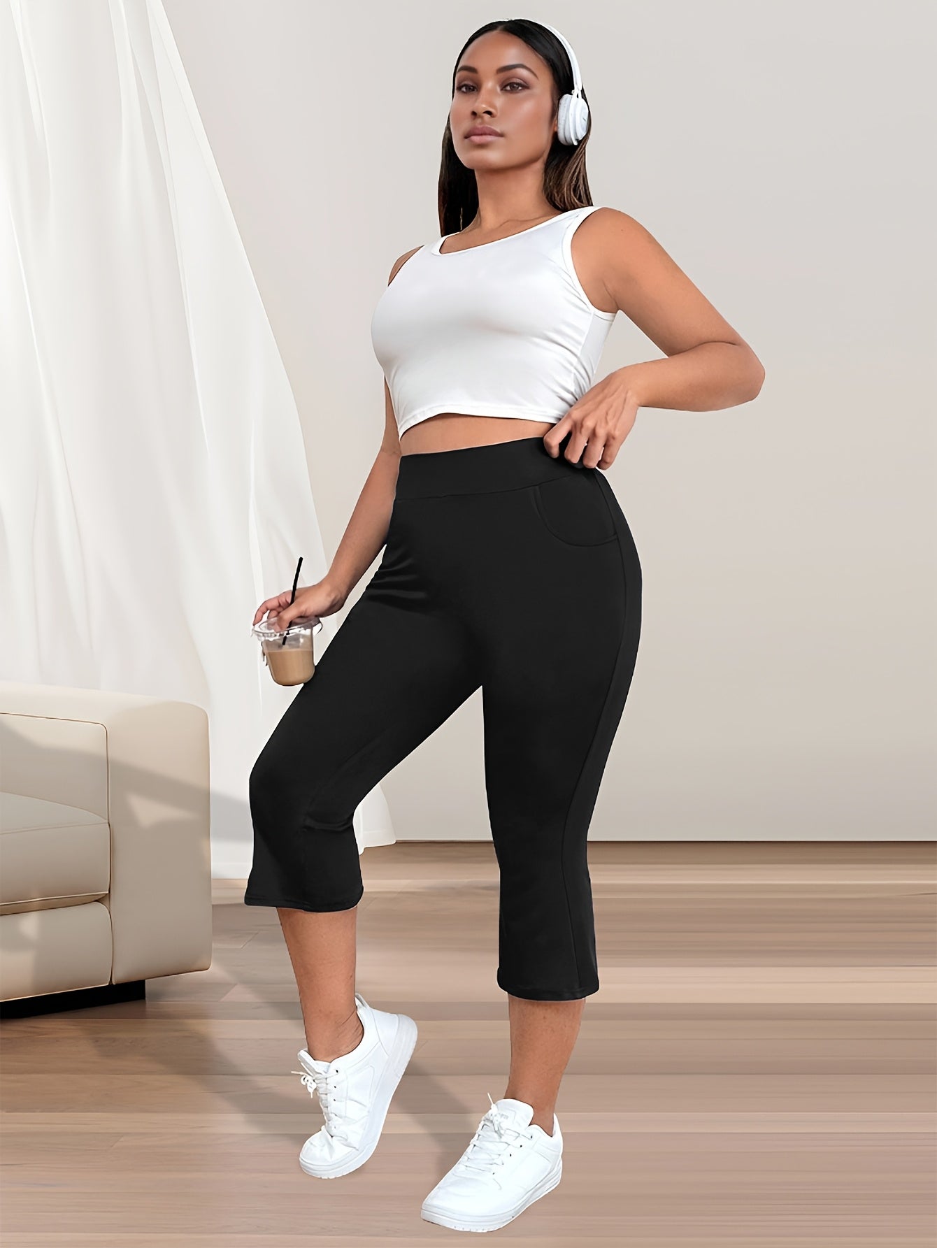 Women Plus Size High-Waist Flare Pants Stretch Fabric Pockets Blue 7/8