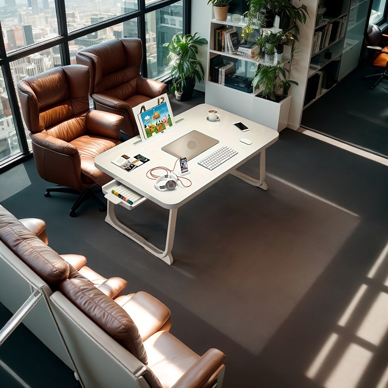 Foldable Bed and Sofa Desk with Wooden Top and Metal Frame for Dorms and Reading Nooks