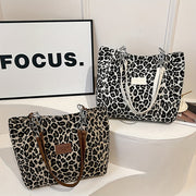Women’s Corduroy Shoulder Bag with Leopard Print and Polyester Lining