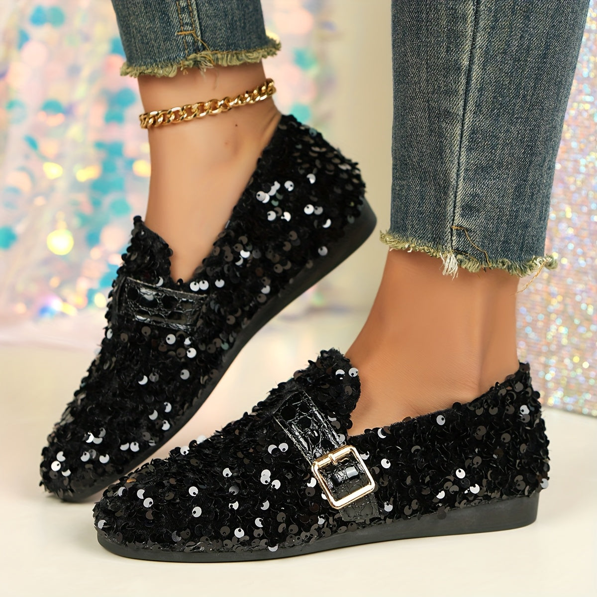 Women's Sequin Embellished Mary Jane Flats Casual Round Toe Slip-On All-Season Comfort