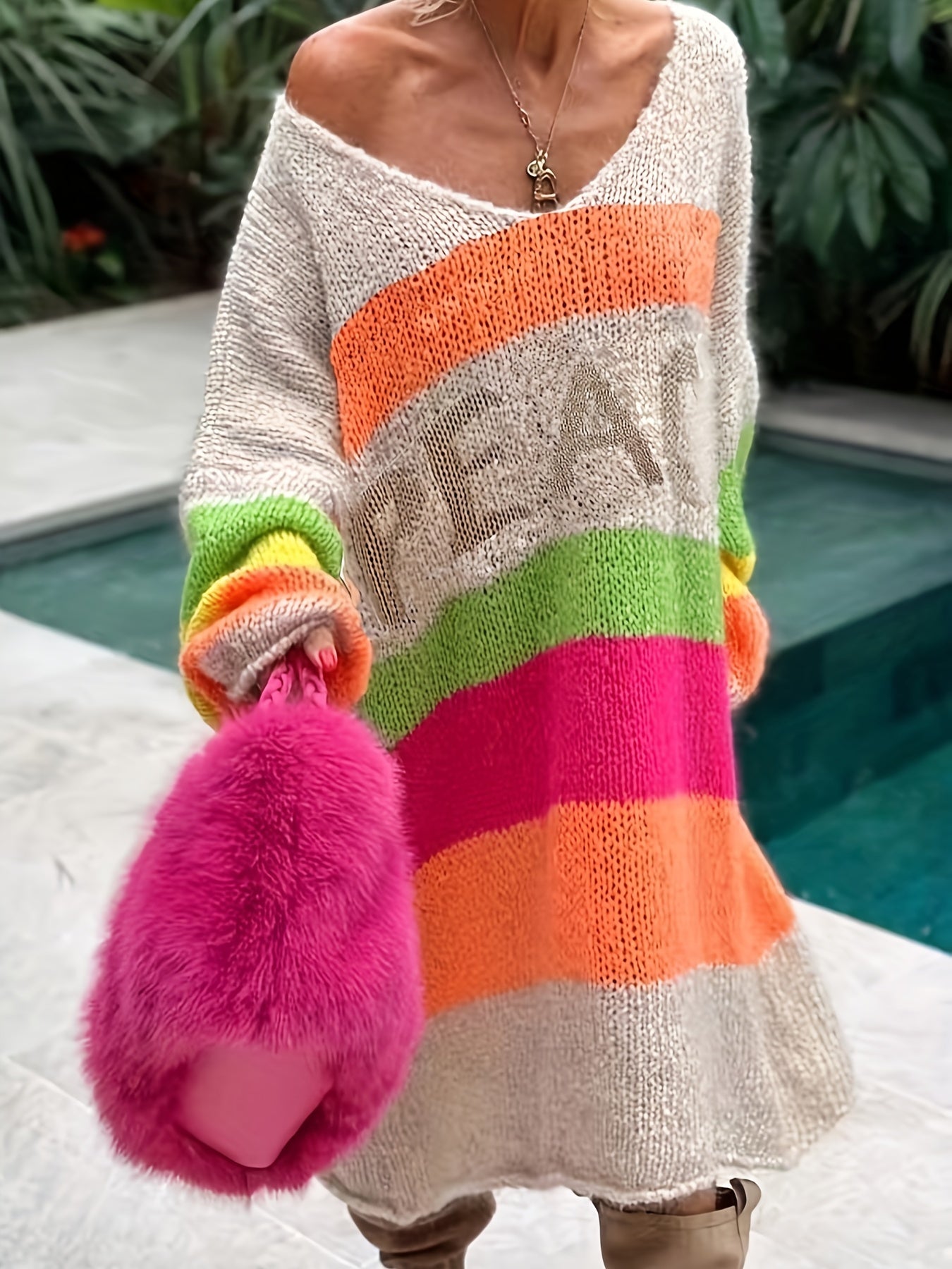 Vestido de punto con escote en V para mujer talla grande con rayas coloridas, casual, oversize, para otoño e invierno