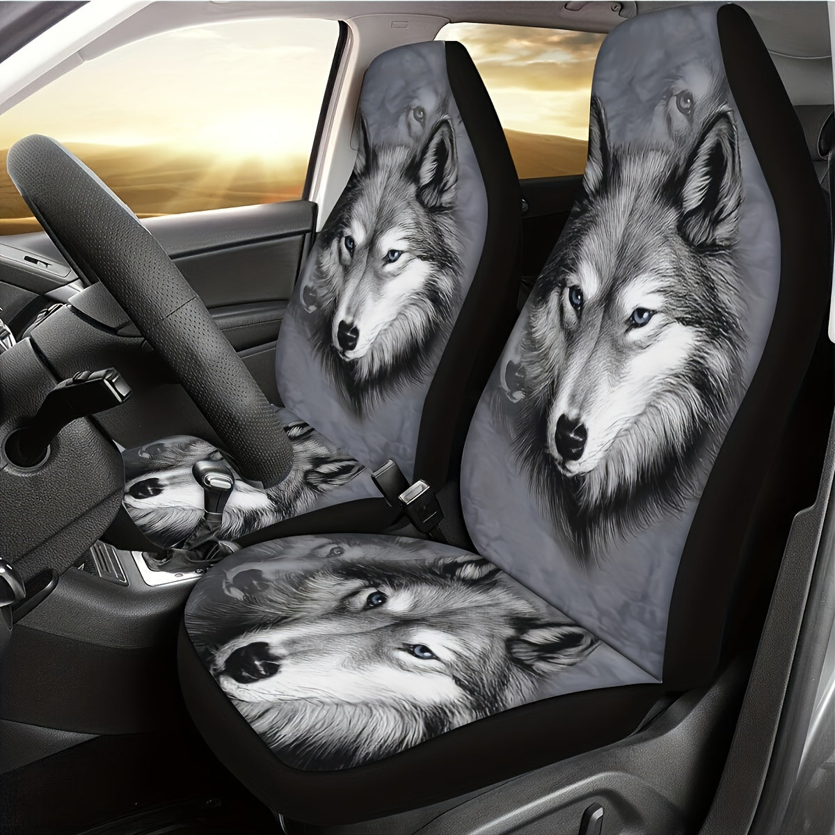 Universal Car Seat Cover Large Gray Wolf Print Durable Seat Protector