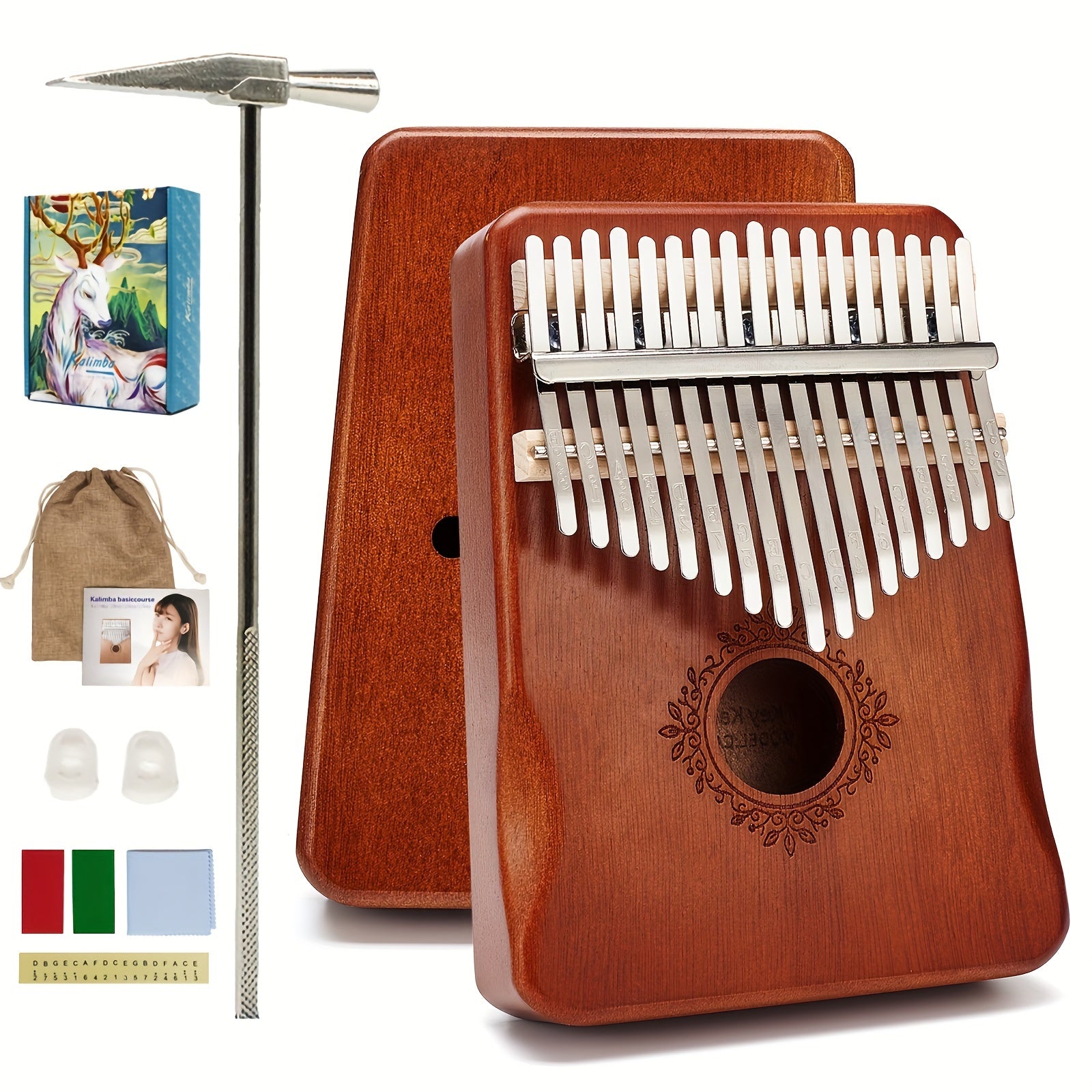 Wooden 17-Key Kalimba Thumb Piano with Learning Book for Beginners Blue Tan