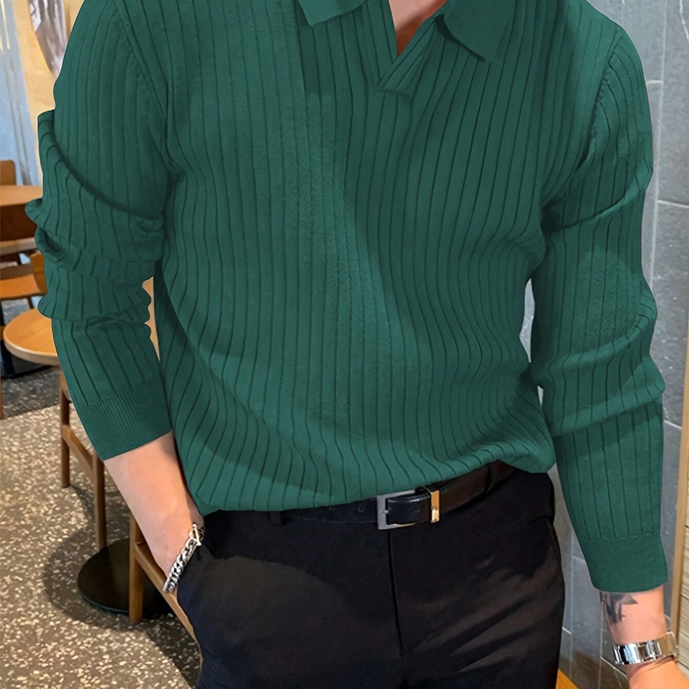 Suéter de cuello polo para hombre de corte regular, manga larga, color sólido, de rayón, para otoño y primavera