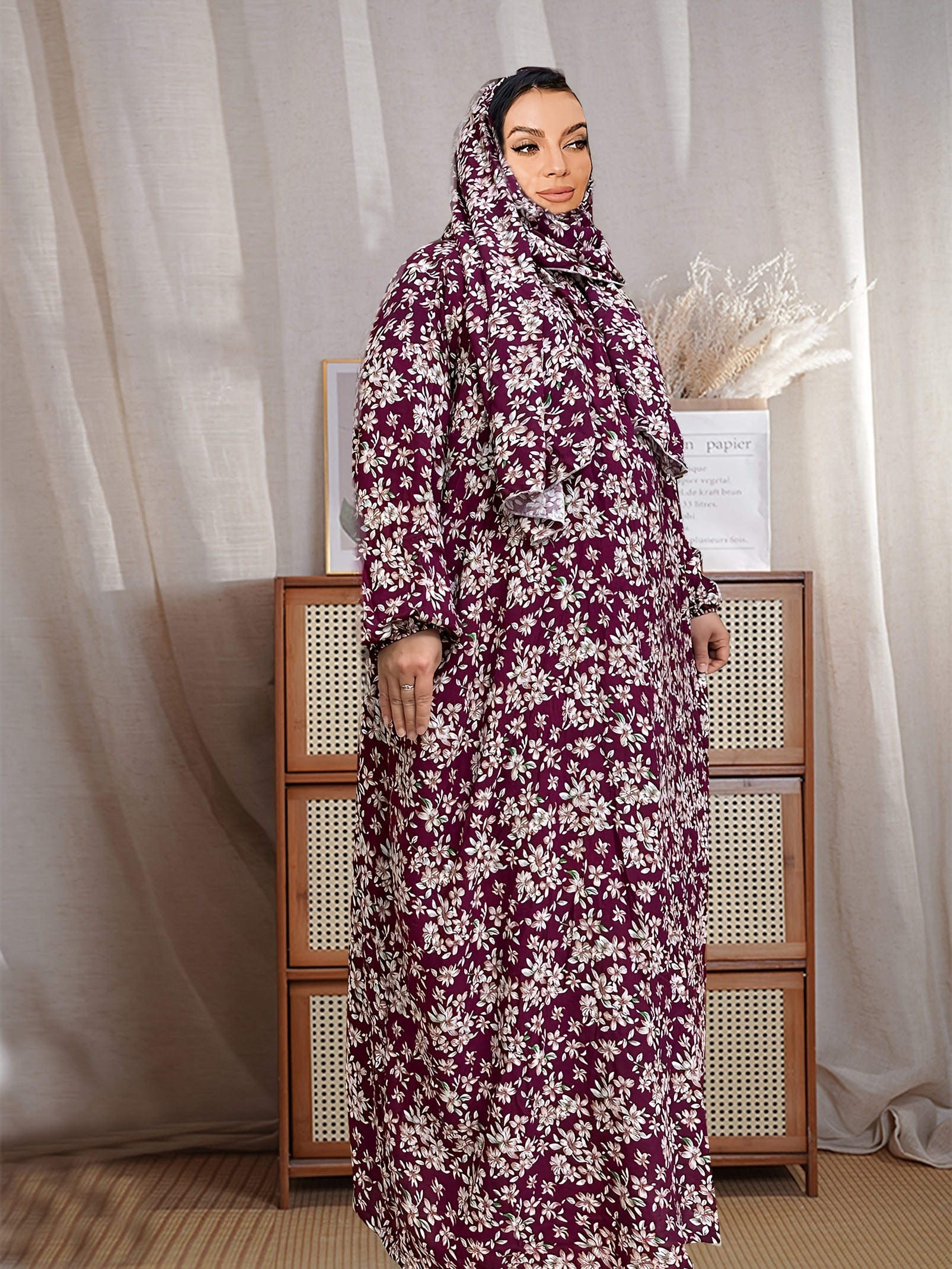 Plus Size Floral Maxi Dress Long Sleeve Hijab Cover-Up Women
