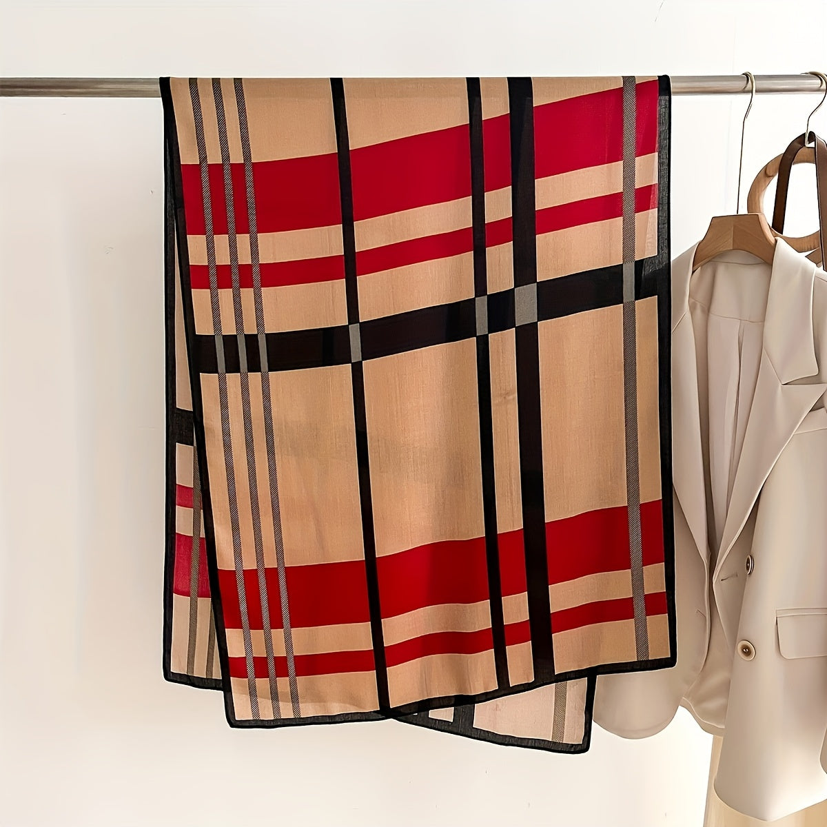 Ayollar uchun qizil chiziqli qulay kaşmir his qiladigan sharf, quyosh va shamoldan himoya