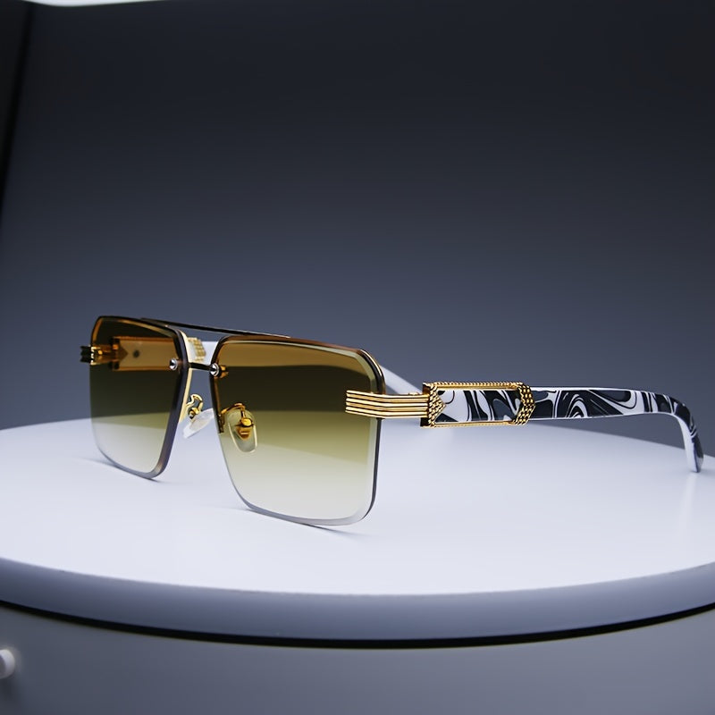 Men's Retro Fashion Glasses with Diamond Cut Edges Rectangular Rimless Marble Wood Accents