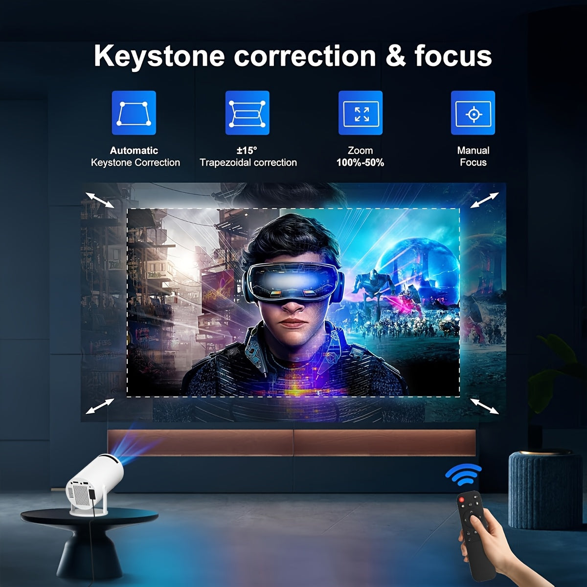 Portable Android 12 Wireless Projector 1080P Support 130ANSI Keystone