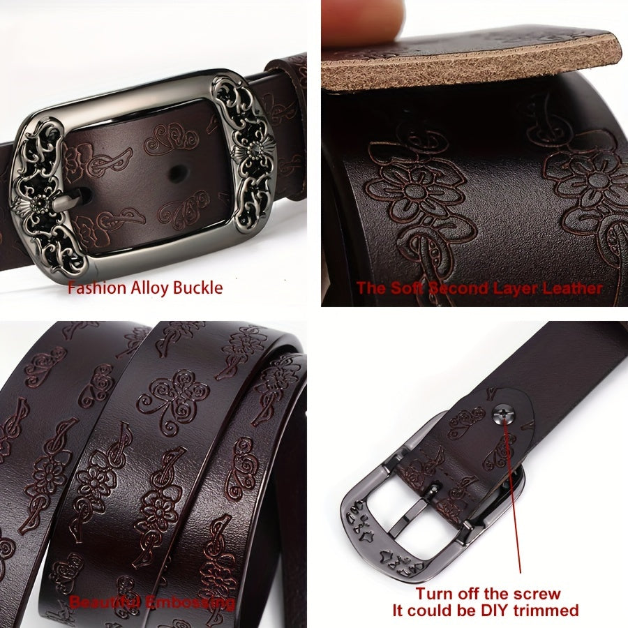 Women's Vintage Leather Belt with Rectangular Punk Buckle for Jeans