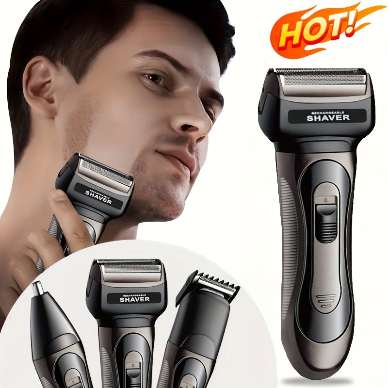 Men's Electric Razor with Dual Stainless Steel Blades and Nose Hair Trimmer
