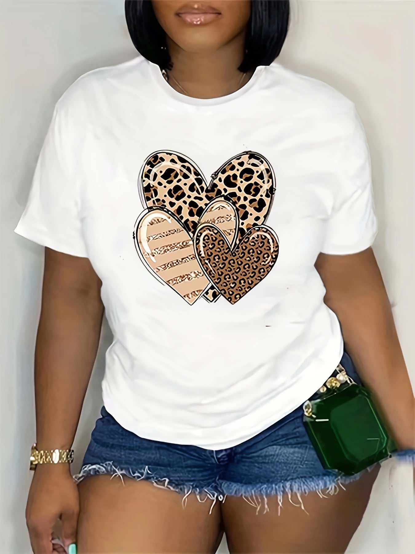 Women's Leopard Print Short Sleeve T-Shirt with Love Prints and Loose Fit