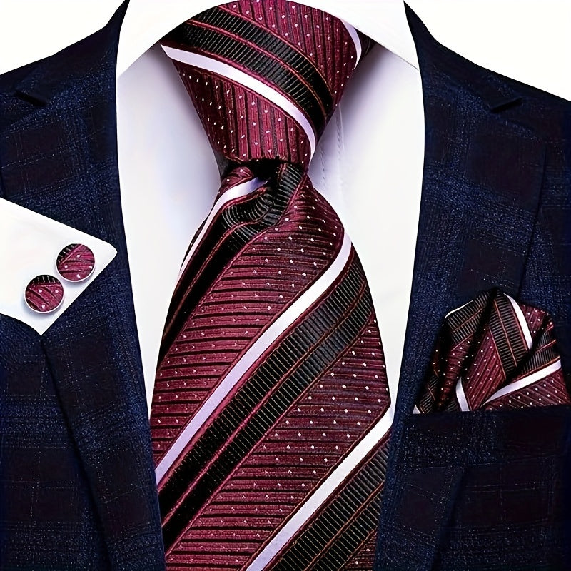 Men's Polyester Necktie Set with Woven Paisley Pattern and Matching Cufflinks for Business and Formal Wear