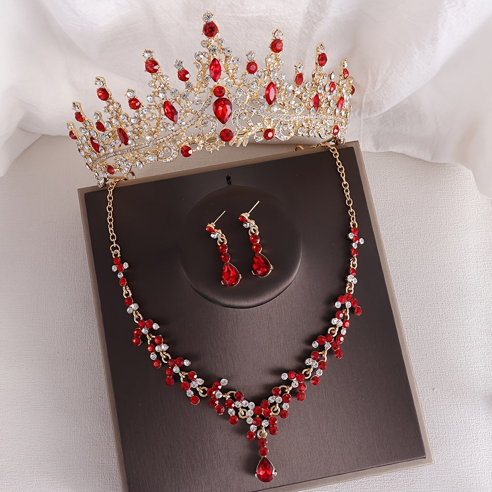 Vintage Baroque Rhinestone Crown Necklace and Earrings Set for Bridal and Wedding