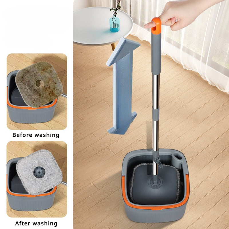 Uy mopi va chelak to'plami, 2 ta yuqori sifatli almashtiriladigan mop yostiqlari, innovatsion axlat tozalash suv tizimi va 360° aylanuvchi kvadrat mop boshli.