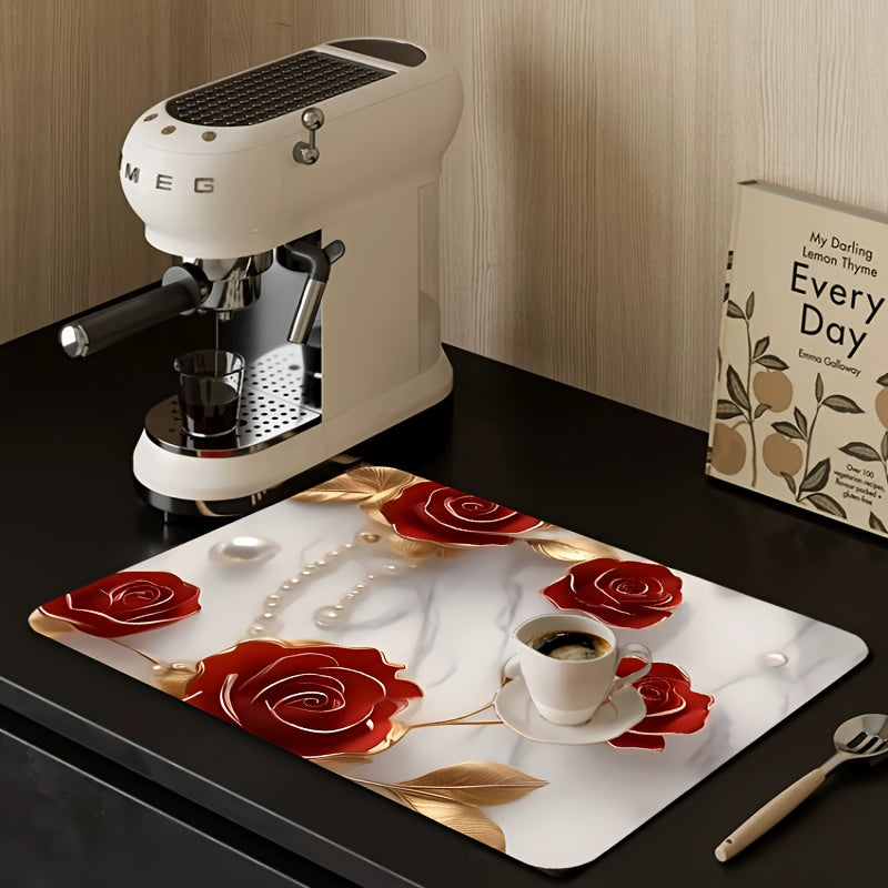 Полиэстеровый кухонный коврик с праздничным 3D дизайном розы - противоскользящий, быстро сохнущий поднос для посуды - идеально подходит для Рождества, Хэллоуина, Дня благодарения - защищает ваш домашний декор и стол, отлично подходит для домашних животных