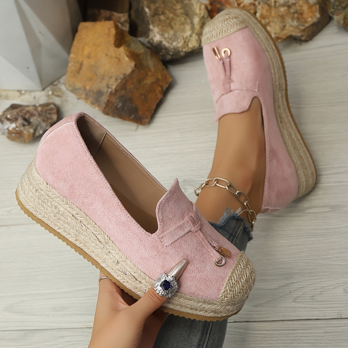 Women's Pink Platform Loafers with Jute Wedge Sole and Metallic Accents