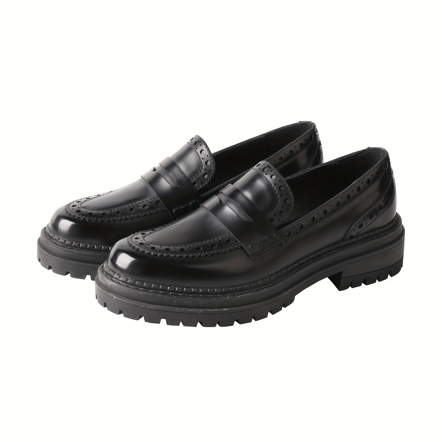 Women's Microfiber Leather Penny Loafers Thick Sole Coarse Heel Black