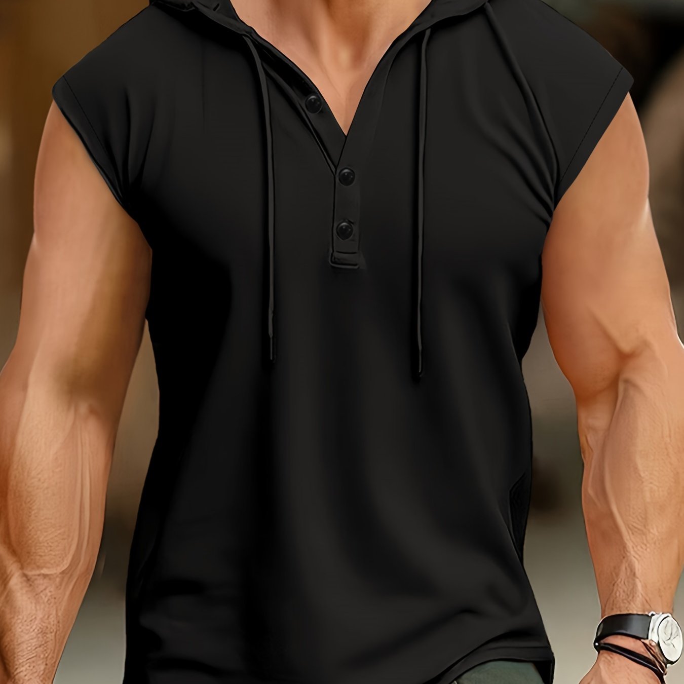 Men's Sleeveless Hooded Henley Shirt Polyester Summer Casual Sport Breathable Button-Detail