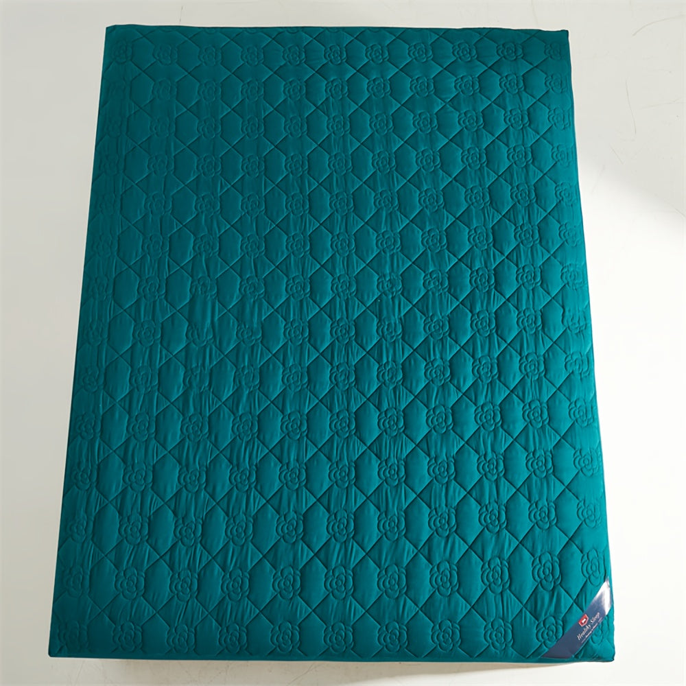 Protector de colchón impermeable con sábana ajustada, color verde azulado con estampado floral, acolchado, tecnología Soundwave, transpirable, poliéster