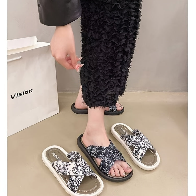 Ayollar uchun gullar bilan bosilgan slip-on sandallar qora va oq, barcha mavsumlar uchun EVA