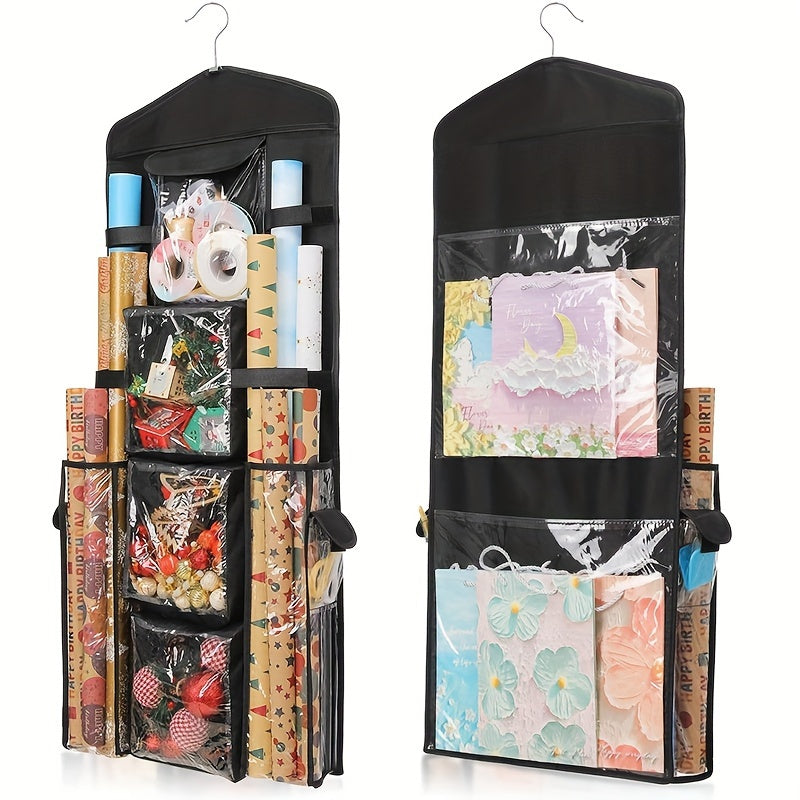 Double-Sided Hanging Wrapping Paper Organizer with Multiple Pockets for Gift Wrap Bows and Ribbons