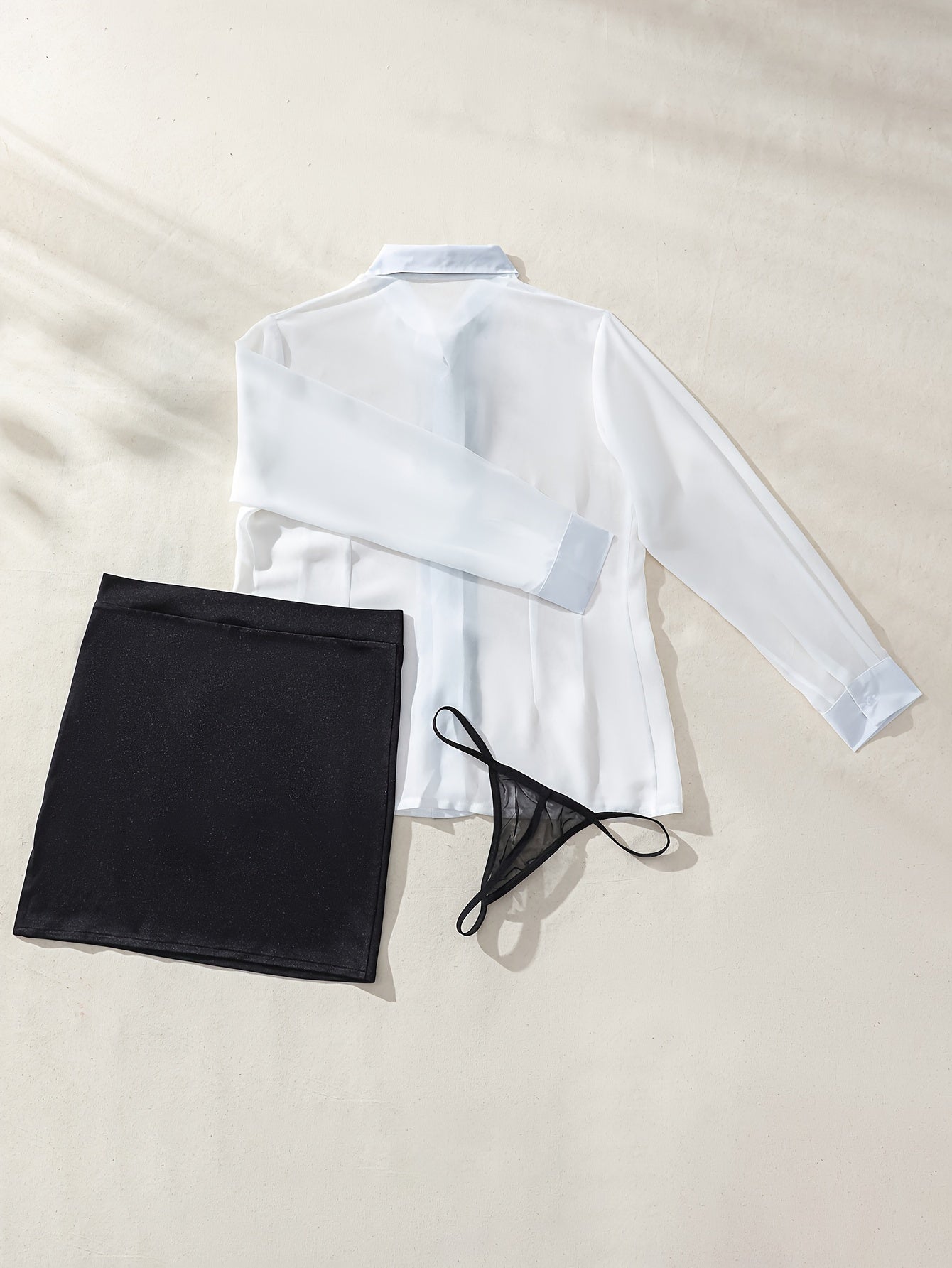 Women's Sheer Shirt and Bodycon Skirt Set with Tie and Thong