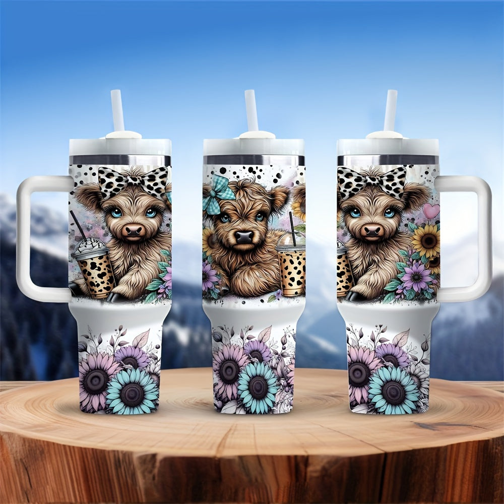 Stainless Steel Travel Mug with Handle and Straw Highland Cow Sunflower Design
