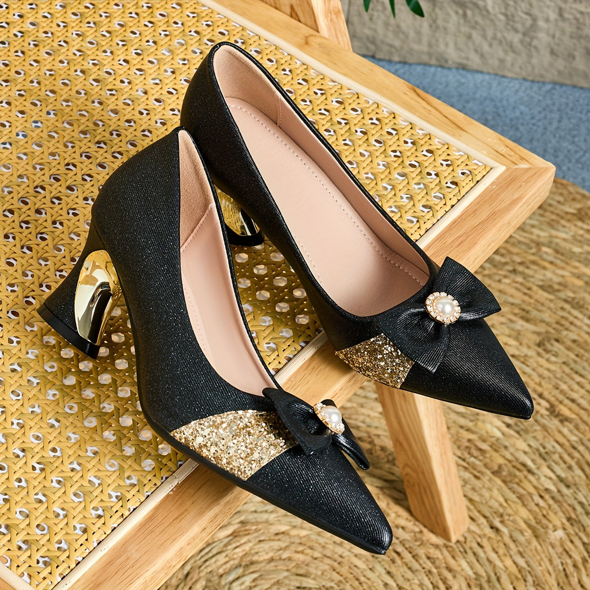 Women Faux Leather Pointed Toe Mules with Pearl Flower Decor High Heel Shoes