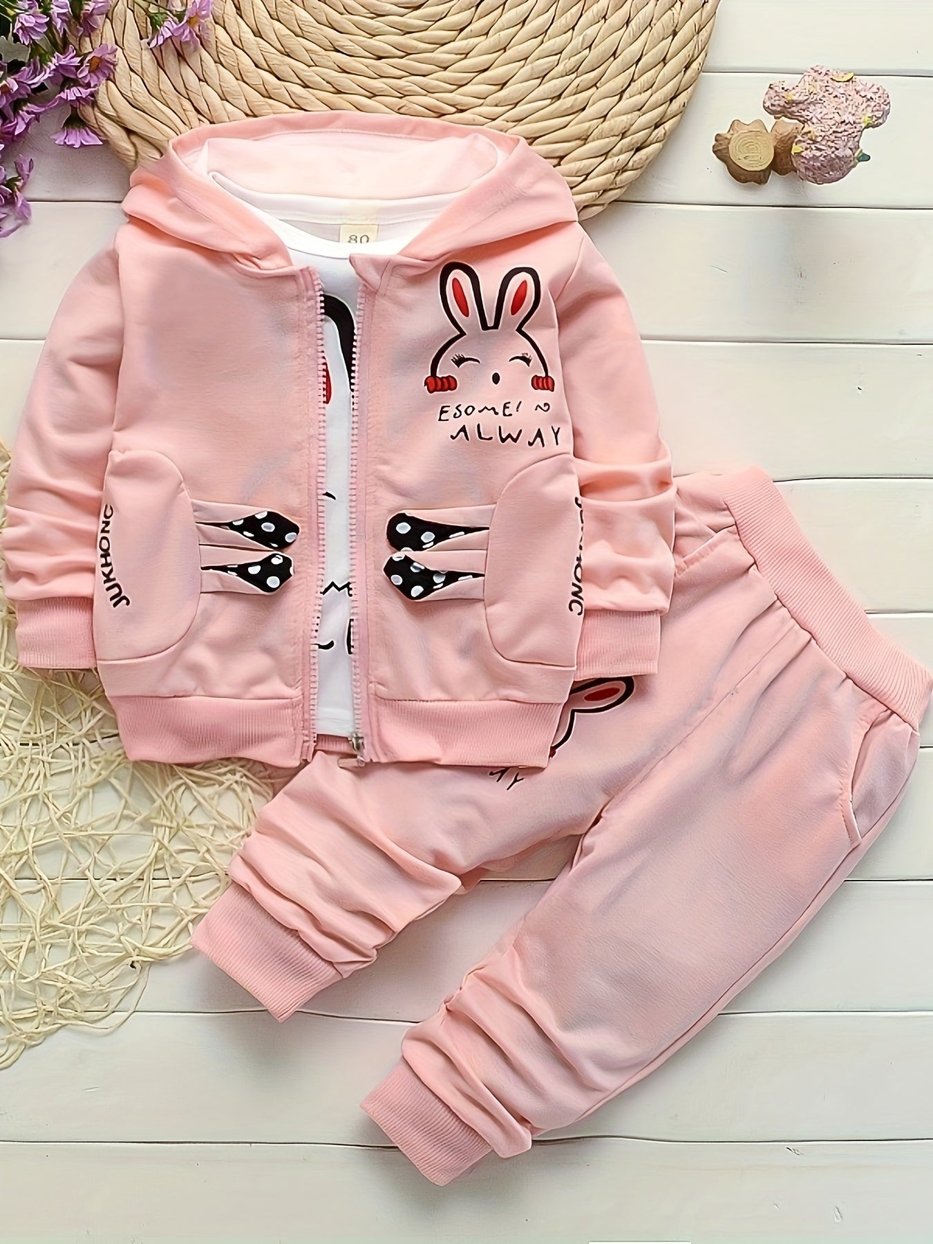 Girls' 3-Piece Bunny Zip Cardigan and Casual Outfit Set Cotton Blend Spring Fall Outdoor