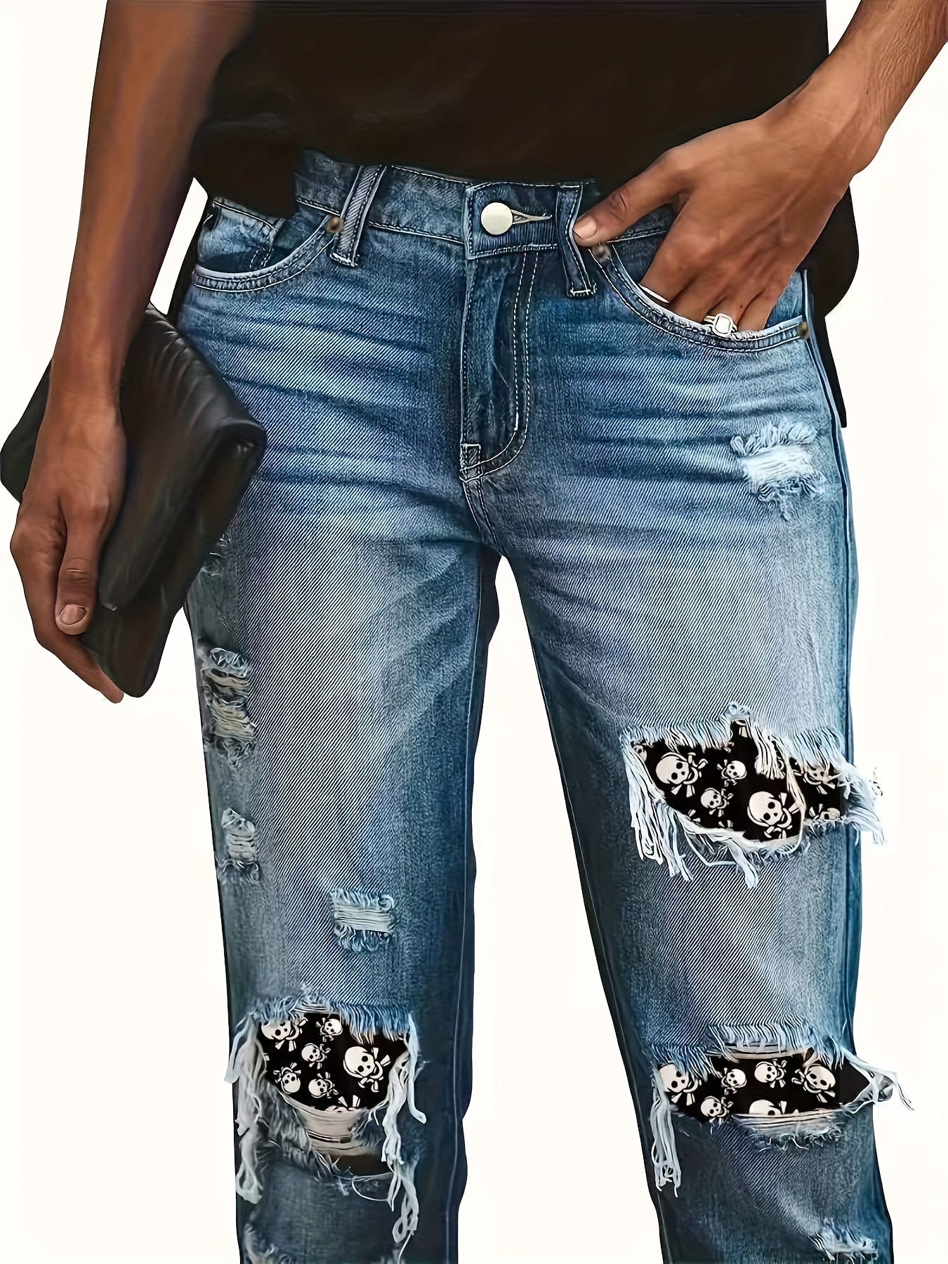 Ayollar uchun yirtilgan bosh suyagi bosimli yuqori cho‘ziladigan denim shimlar, ko‘cha uslubi