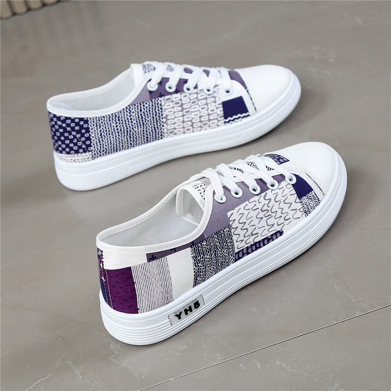 Women’s Breathable Canvas Sneakers Low-Top Casual Shoes White Navy Blue