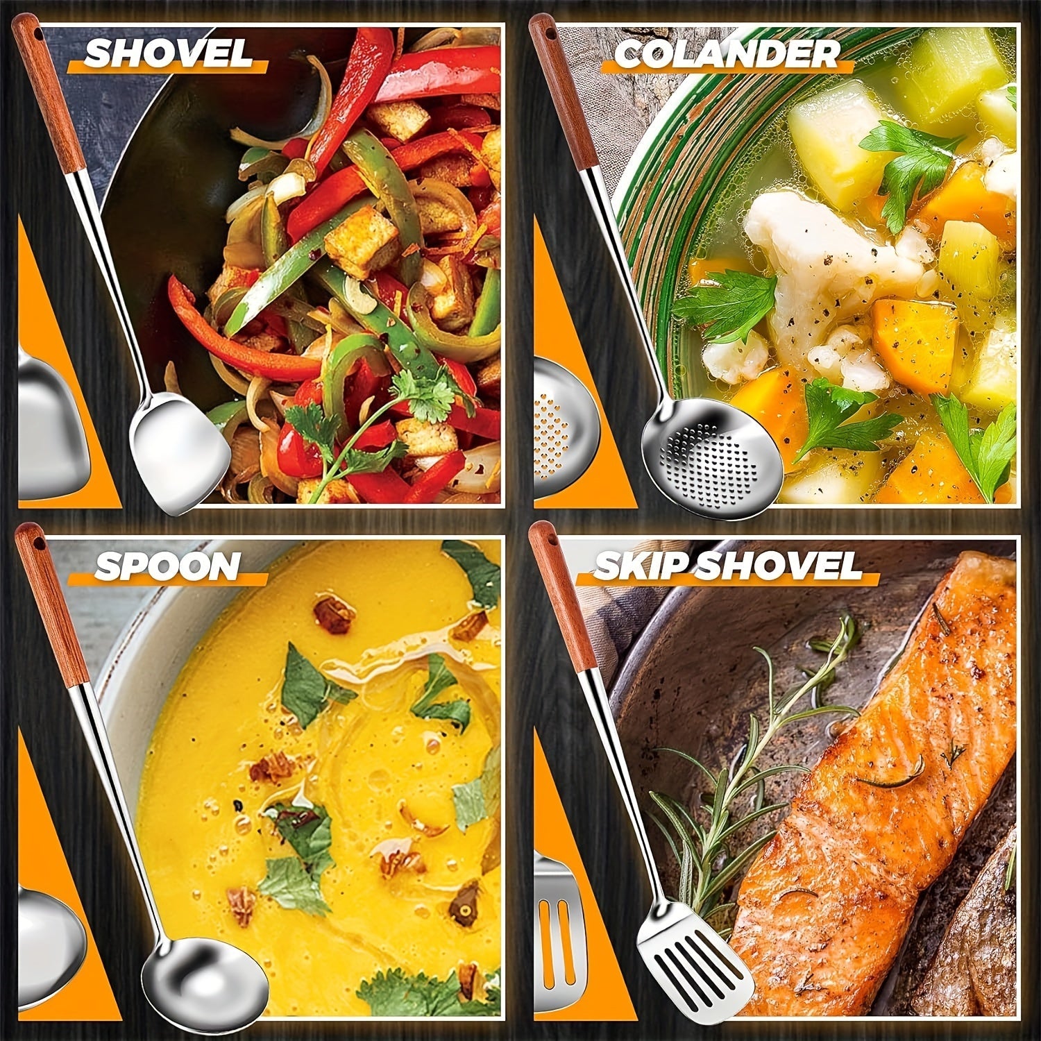 Set of 4 Stainless Steel Wok Utensils with Wooden Handles, 43cm Long, Heat-Resistant