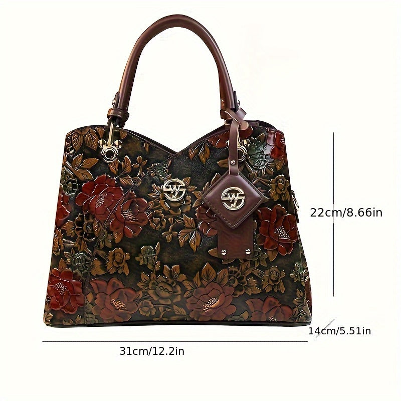 Vintage Floral Tote Bag for Women with Adjustable Strap Zipper Closure Polyester Lined