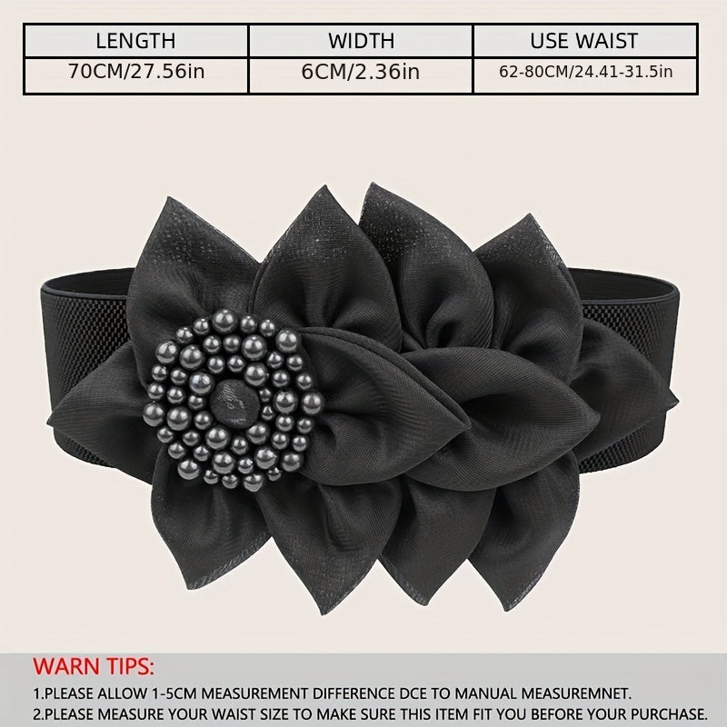 Black Floral Corset Belt with Red Elastic and Bold Buckle for Women