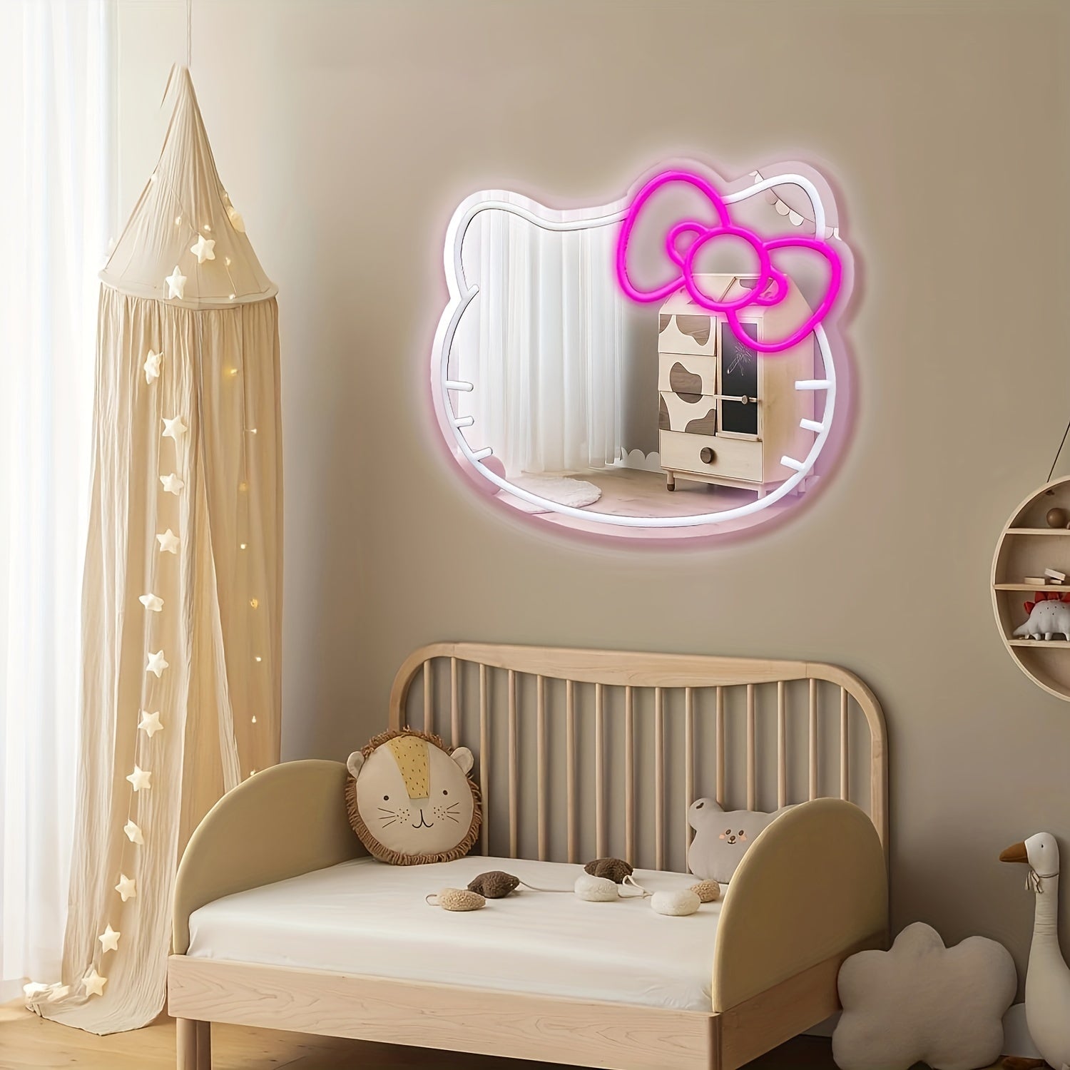 Hello Kitty Neon Sign Mirror with Dimmable LED Light for Bedroom Living Room Kid's Room