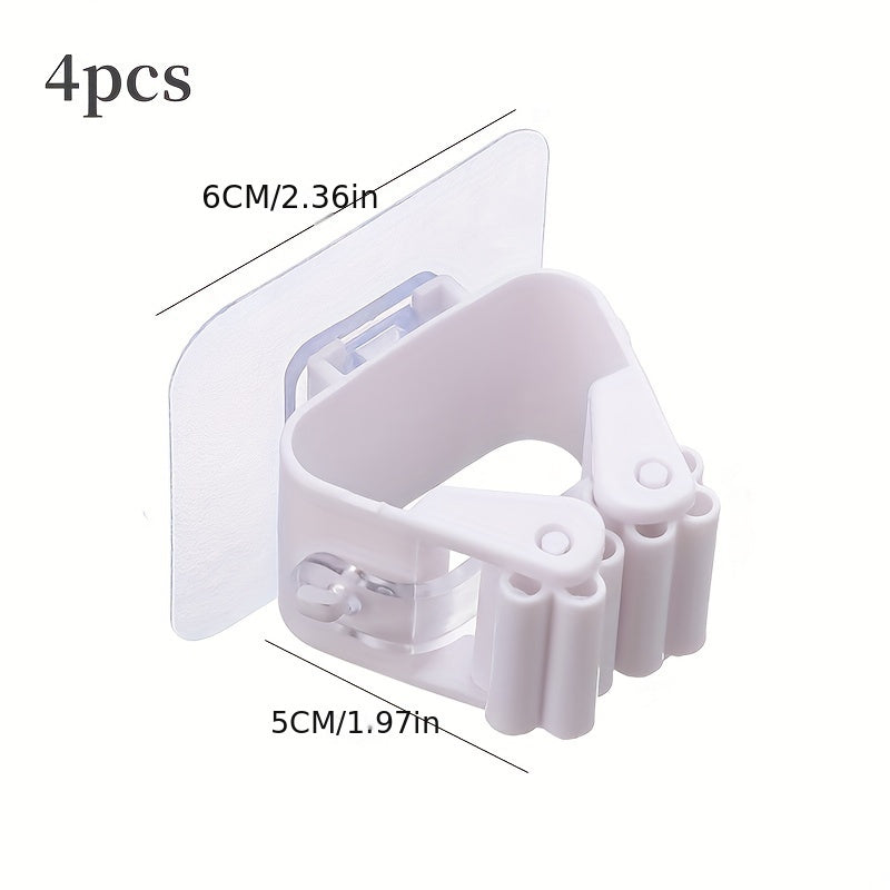 Soporte para fregona de ABS montado en la pared con 4 clips, almacenamiento en el baño con adhesivo sin taladro