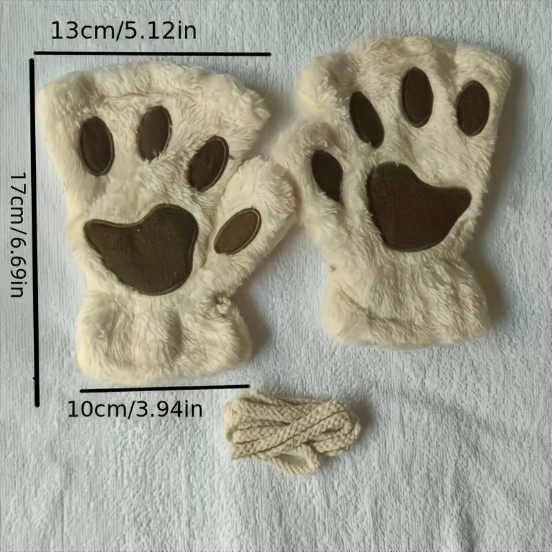 Thickened Half-Finger Winter Gloves with Cartoon Cat Paw Design for Warmth and Touchscreen Use