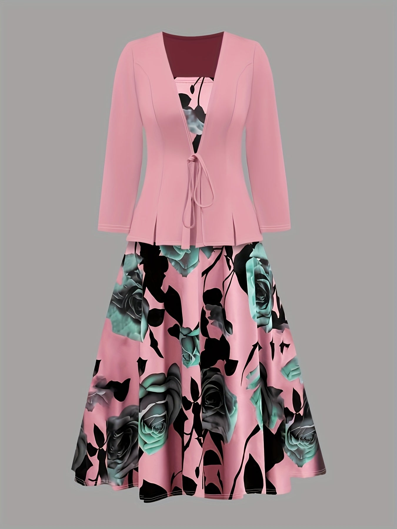Conjunto elegante de 2 piezas para mujer, cárdigan con cordón y vestido con flores de rosa, poliéster, floral, para todas las estaciones