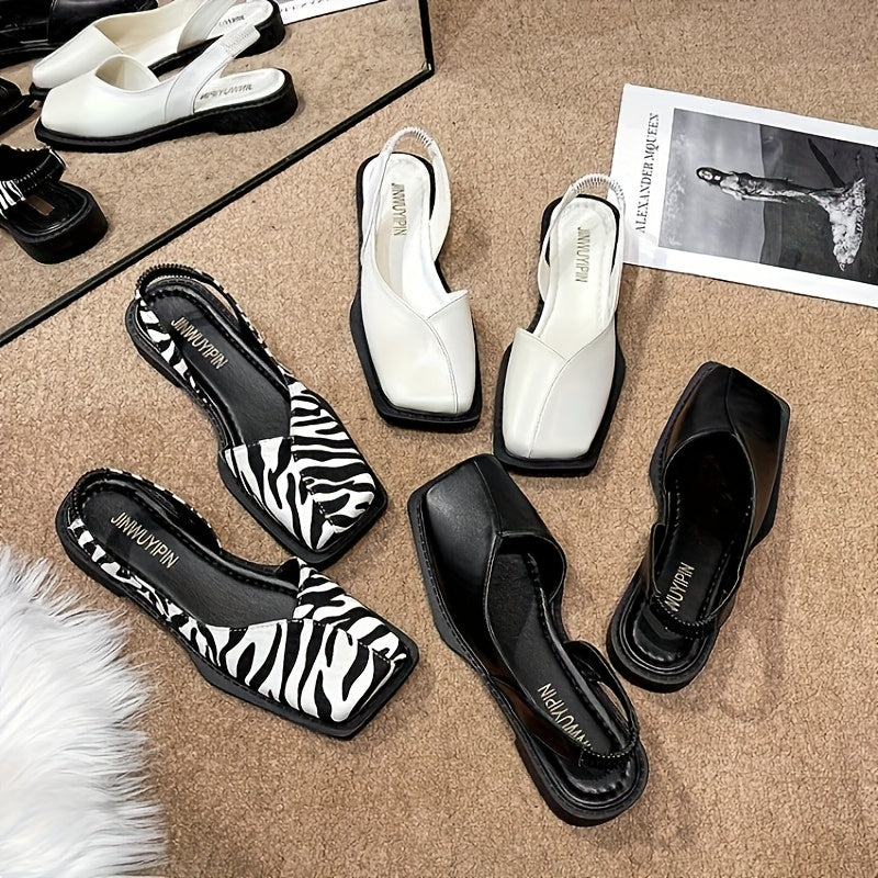 Women’s Square Toe Flats with Low Heel, Solid Color or Leopard Print, All-Season Comfort