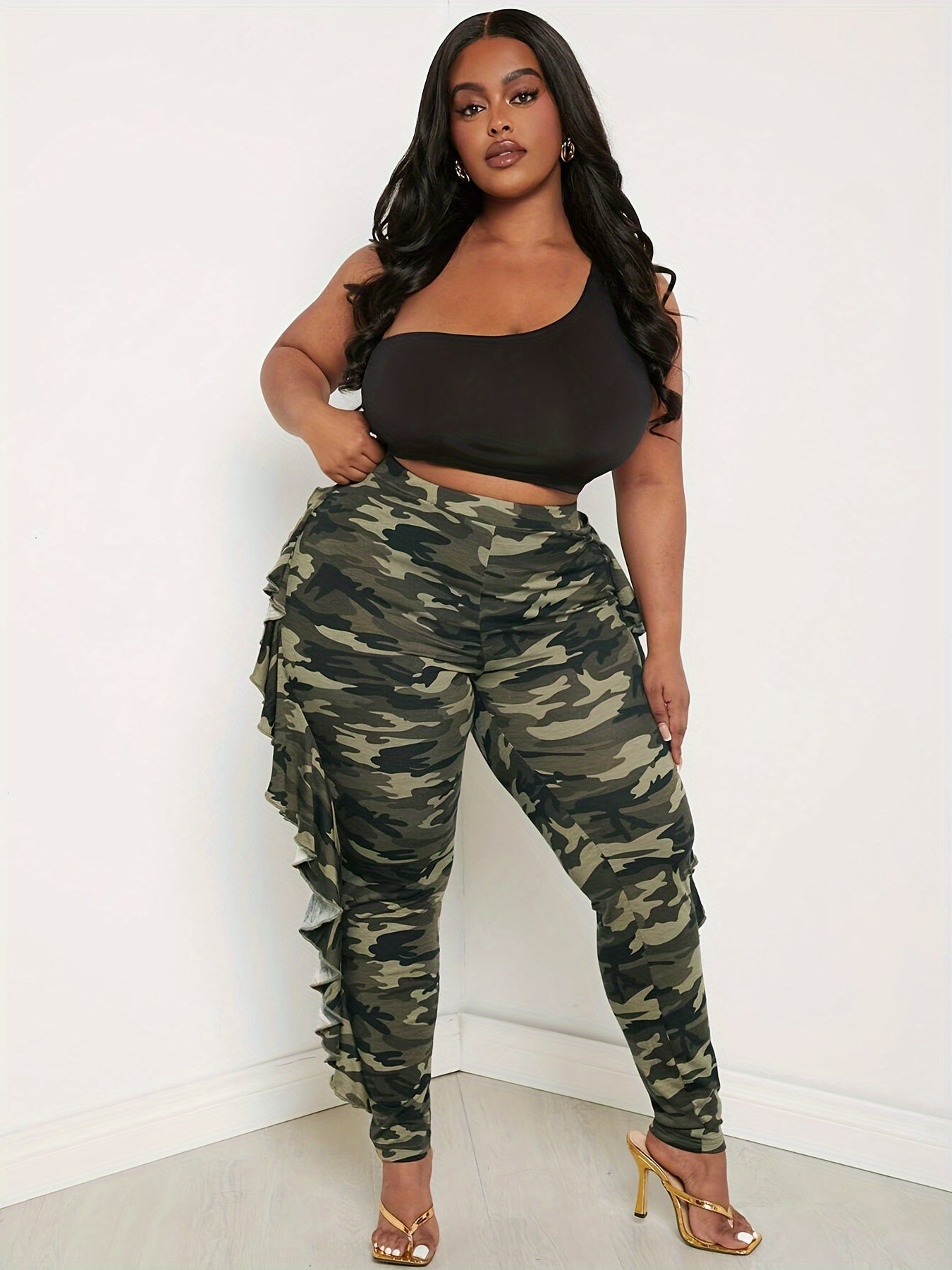 Plus Size Women's High-Waisted Camouflage Leggings Non-See-Through Warm Trousers